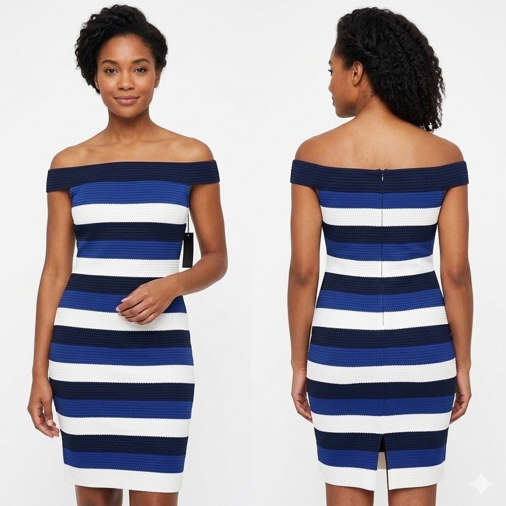 New York & Company Sheath Dress Women‎ M Blue White Striped Off The Shoulder New